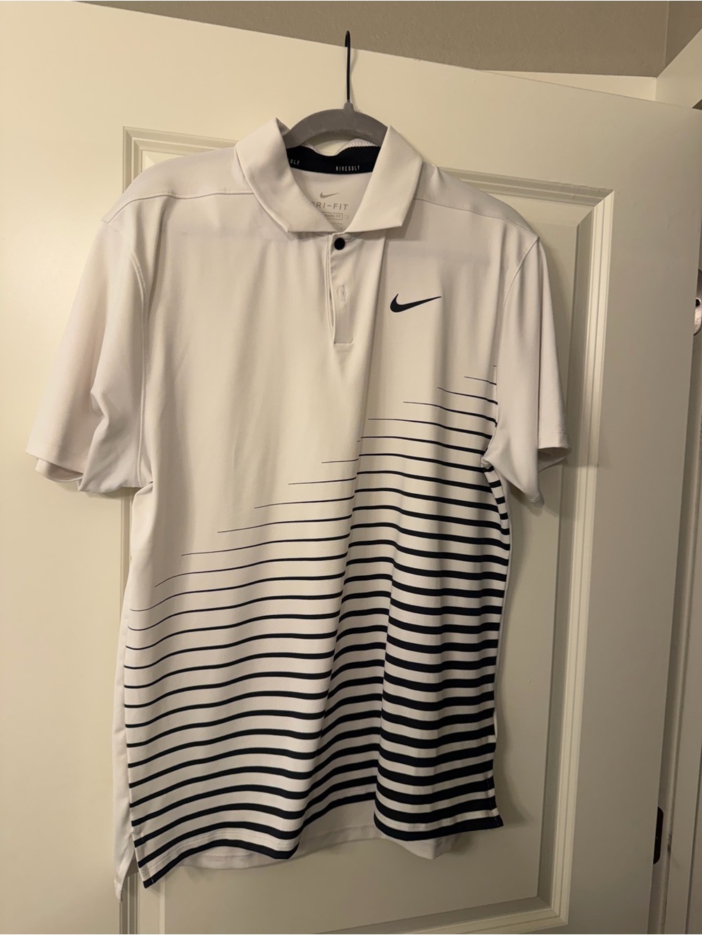 Nike Men’s White Dri-FIT Polo with Black Gradient Stripes medium